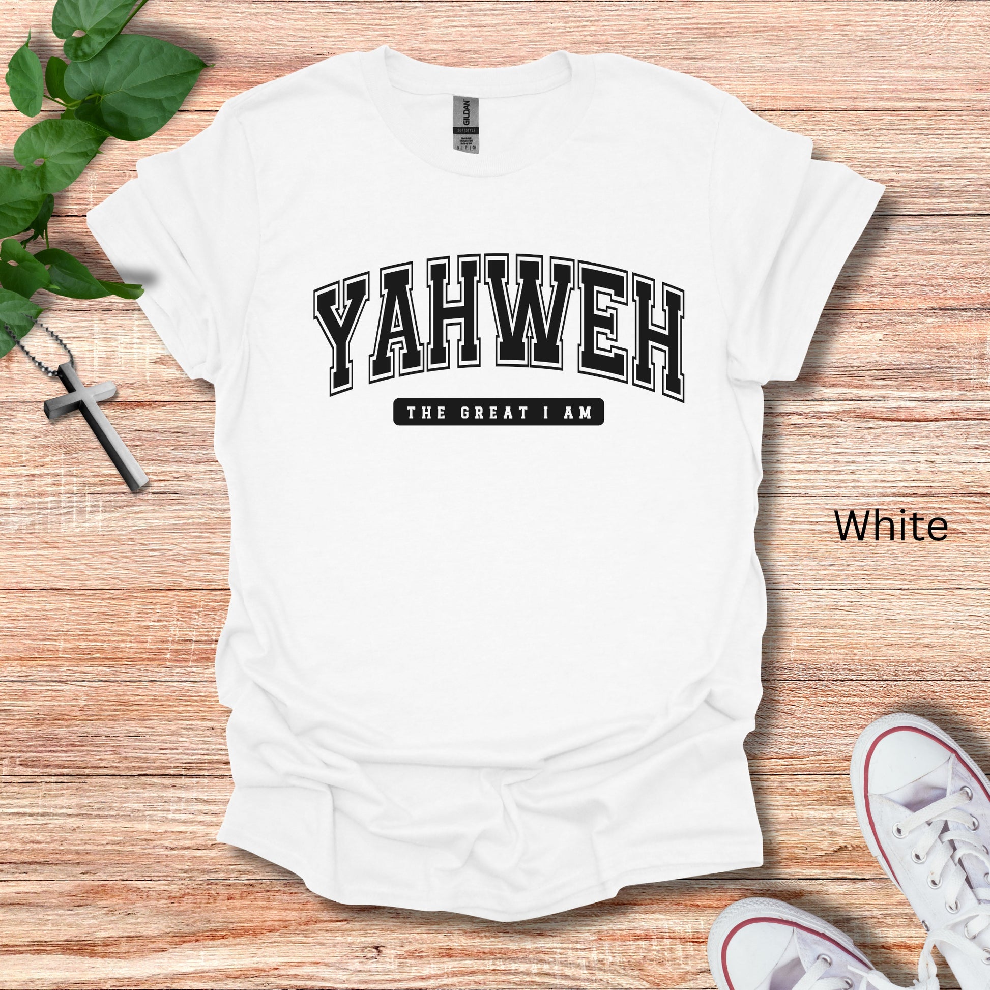 YWHWEH t-shirt shown in white with curved college font