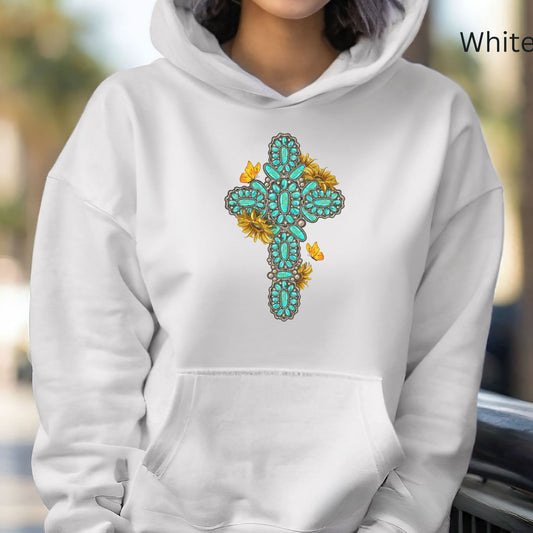 Turquoise Gemstone Cross Hoodie