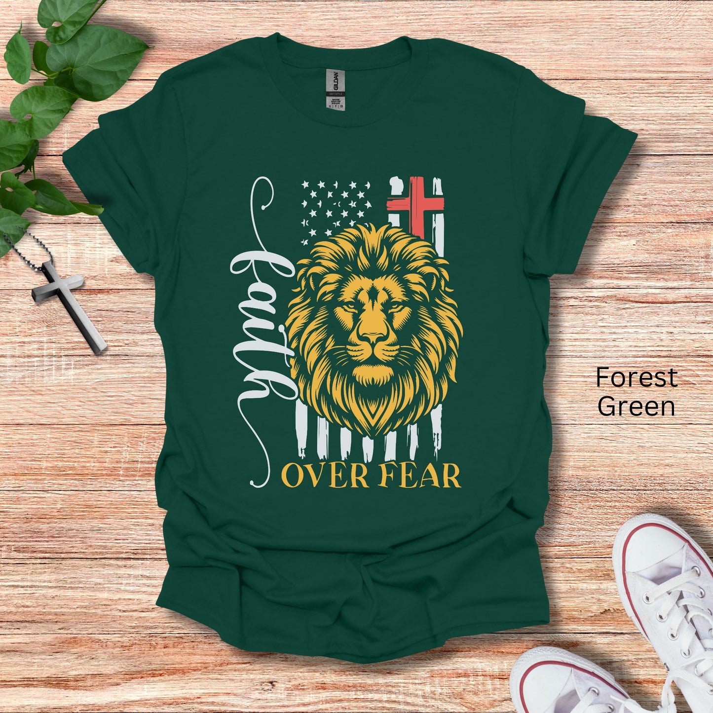 Faith of Fear shirt with the Lion of Judah shown in front of the patriotic USA flag. 