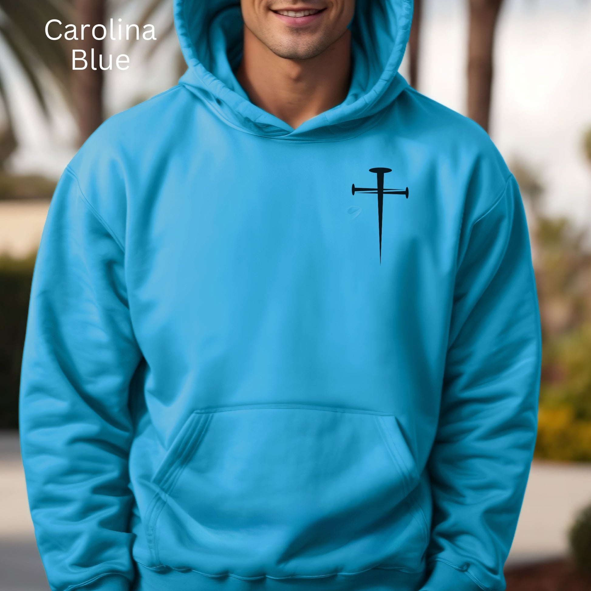 This Christian hoodie in shows a cross of nails on front breast and  John 3:16 on back in a great font. The scripture is typed out under the large heading. 