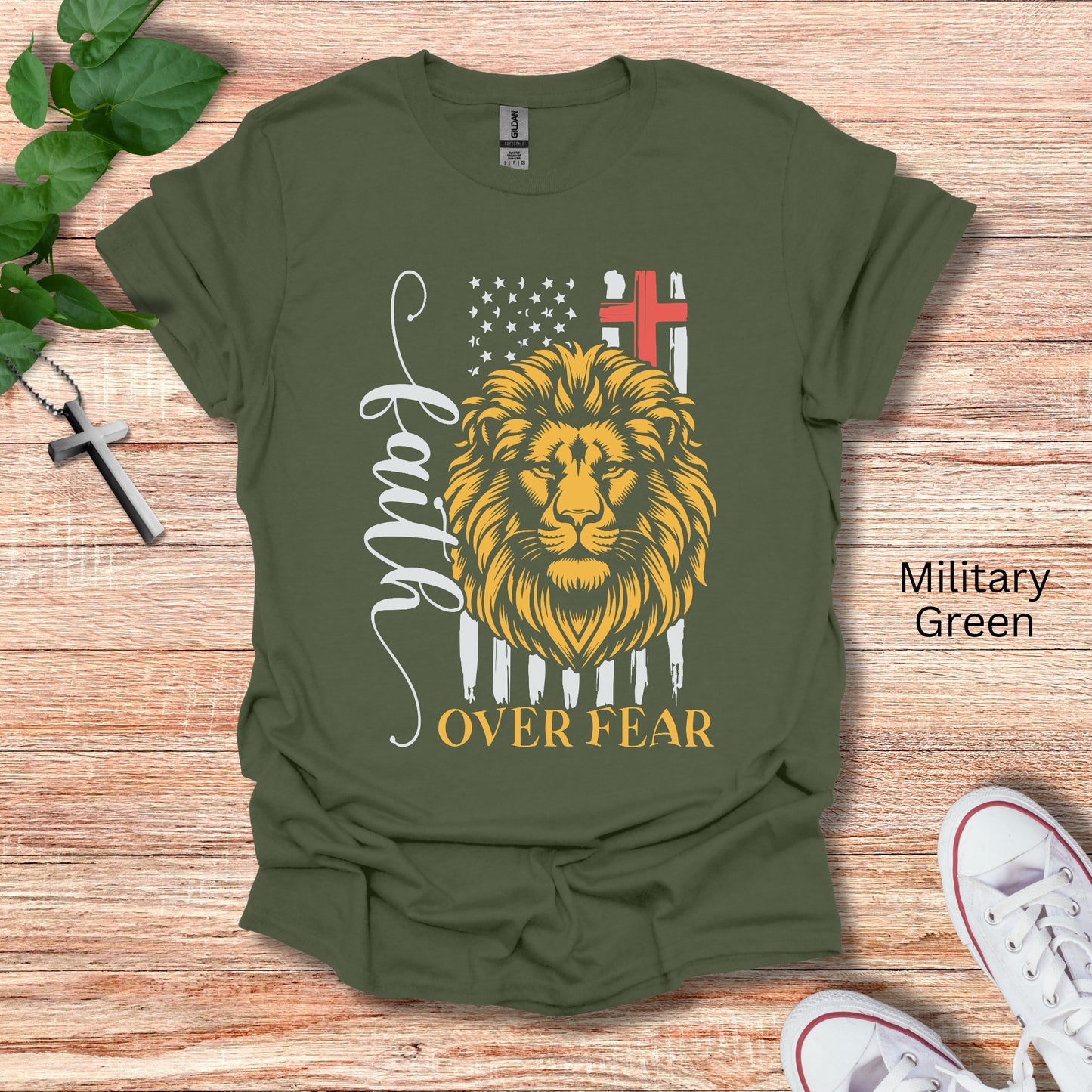 Lion of Judah Faith Over Fear shirt with patriotic flag.