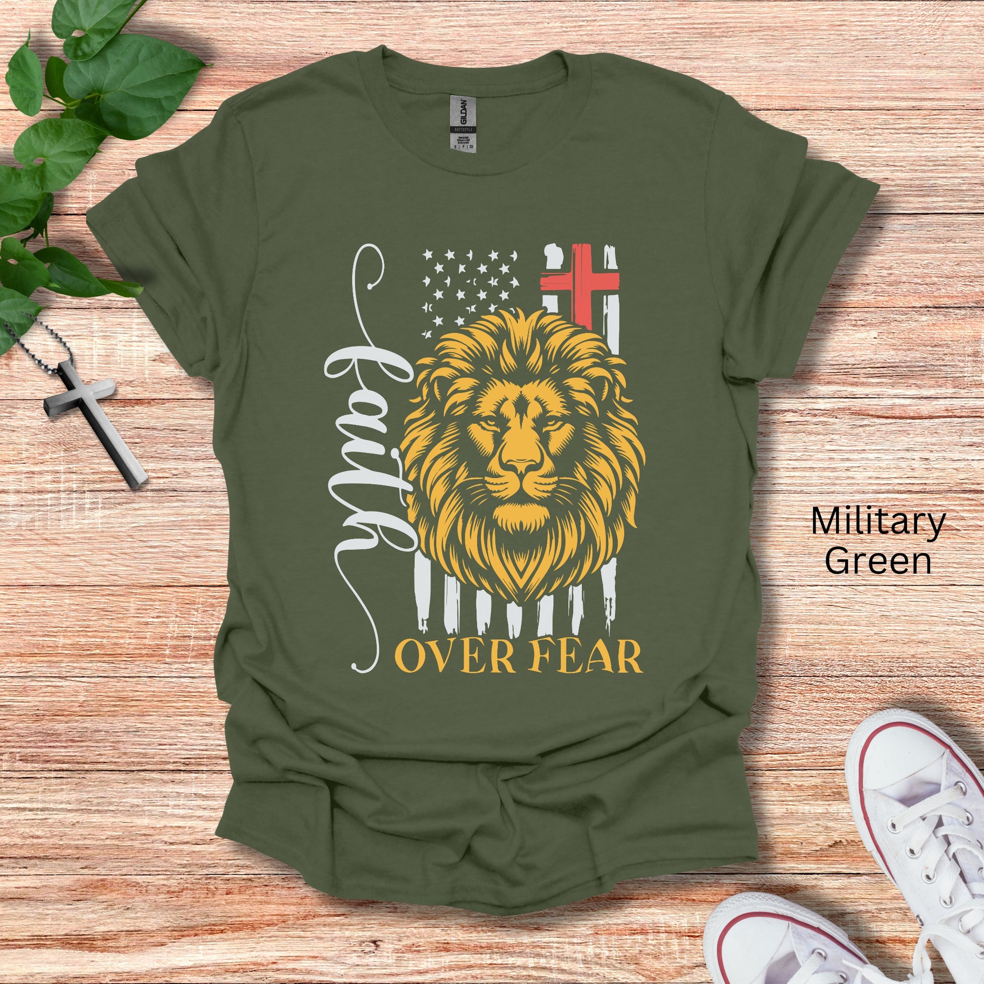 Lion of Judah Faith Over Fear shirt with patriotic flag.