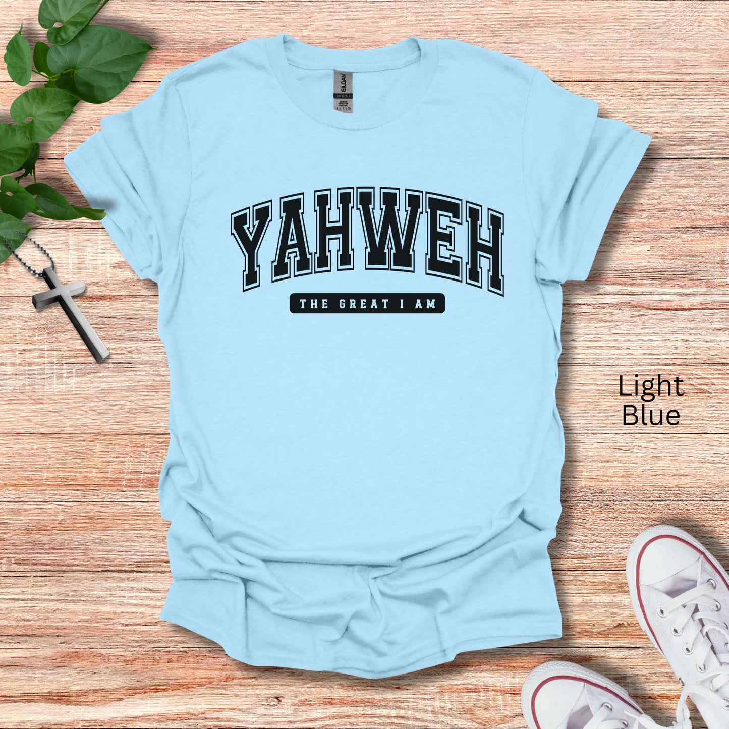 YEHWEH in college font is shown on this light blue t-shirt gift. 