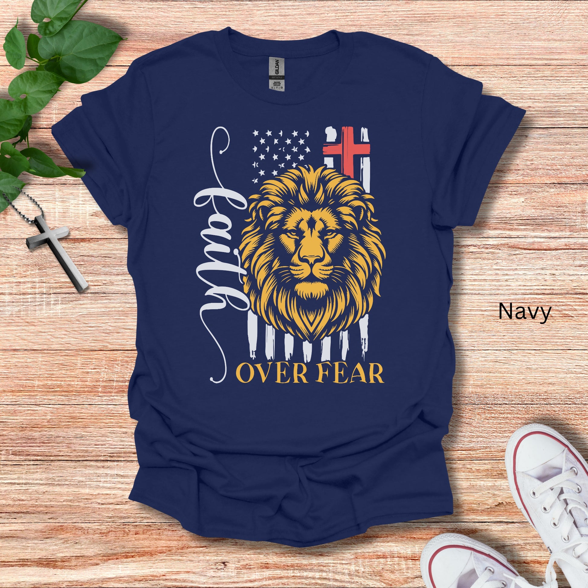 Lion of Judah navy t-shirt that notes Faith over Fear. This Christian shirt is a great gift for anyone who loves Jesus.