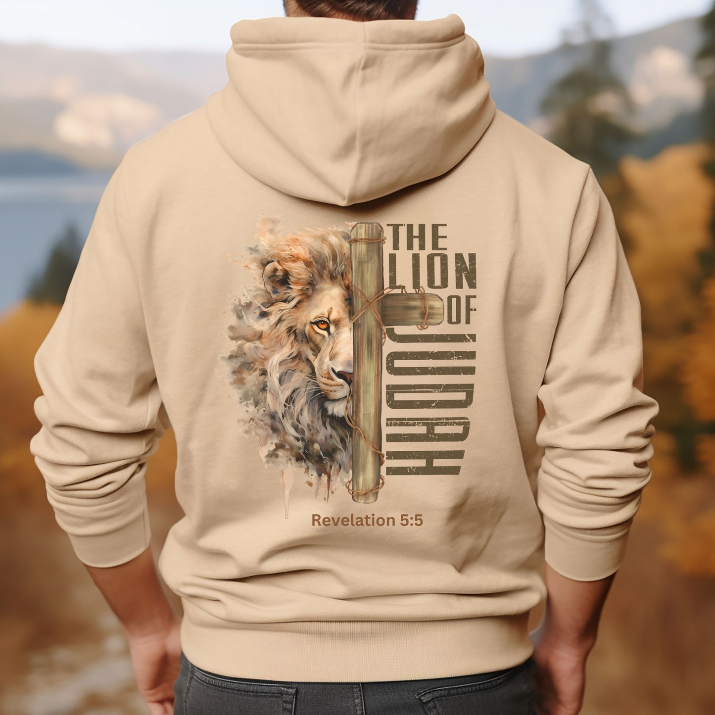 a sand colored hoodie with The Lion Of Judah on the back and cross made of spikes on the front. A great gift for a Christian.