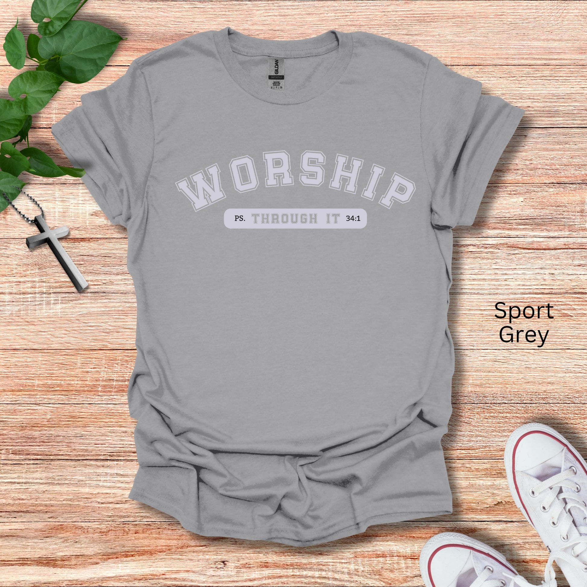 "Worship Through It" Christian T-shirt noting Psalms 34:1