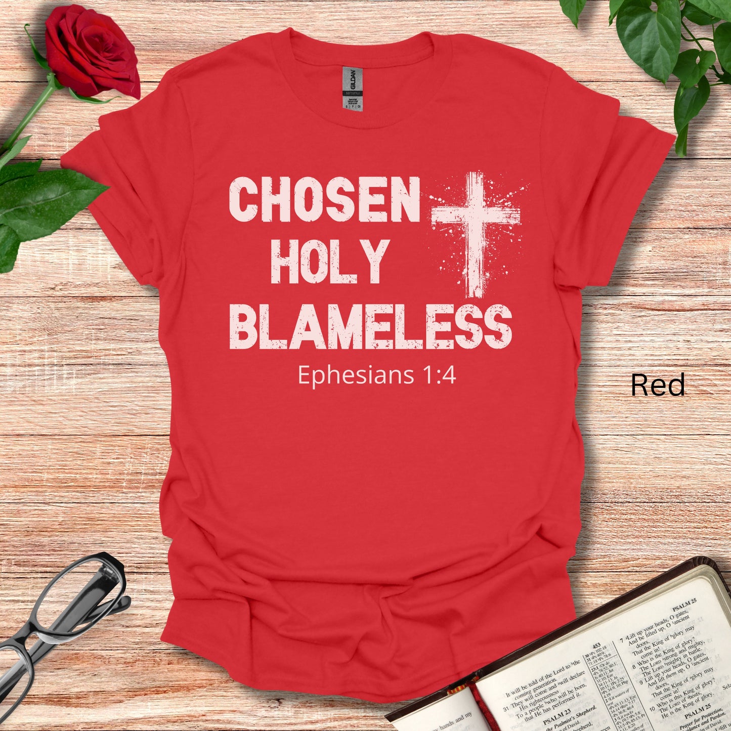 This Christian t-shirt says Chosen Holy Blameless and notes Ephesians 1:4 on the front with a Cross graphic. It's a great gift for any Jesus Lover.