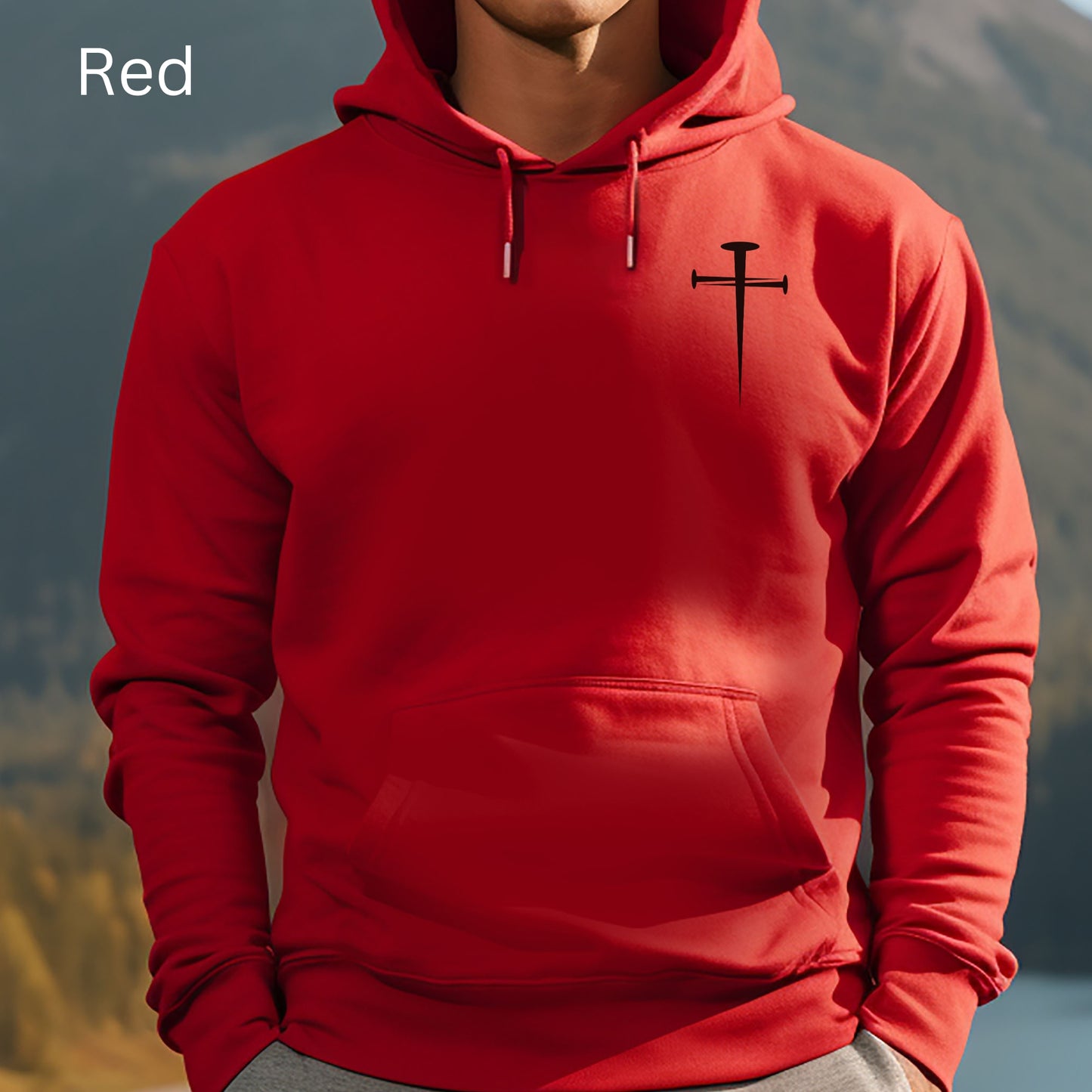 Christian hoodie gift for him. There is a cross of nails on the front and John 3:16 on the back in a beautiful font.