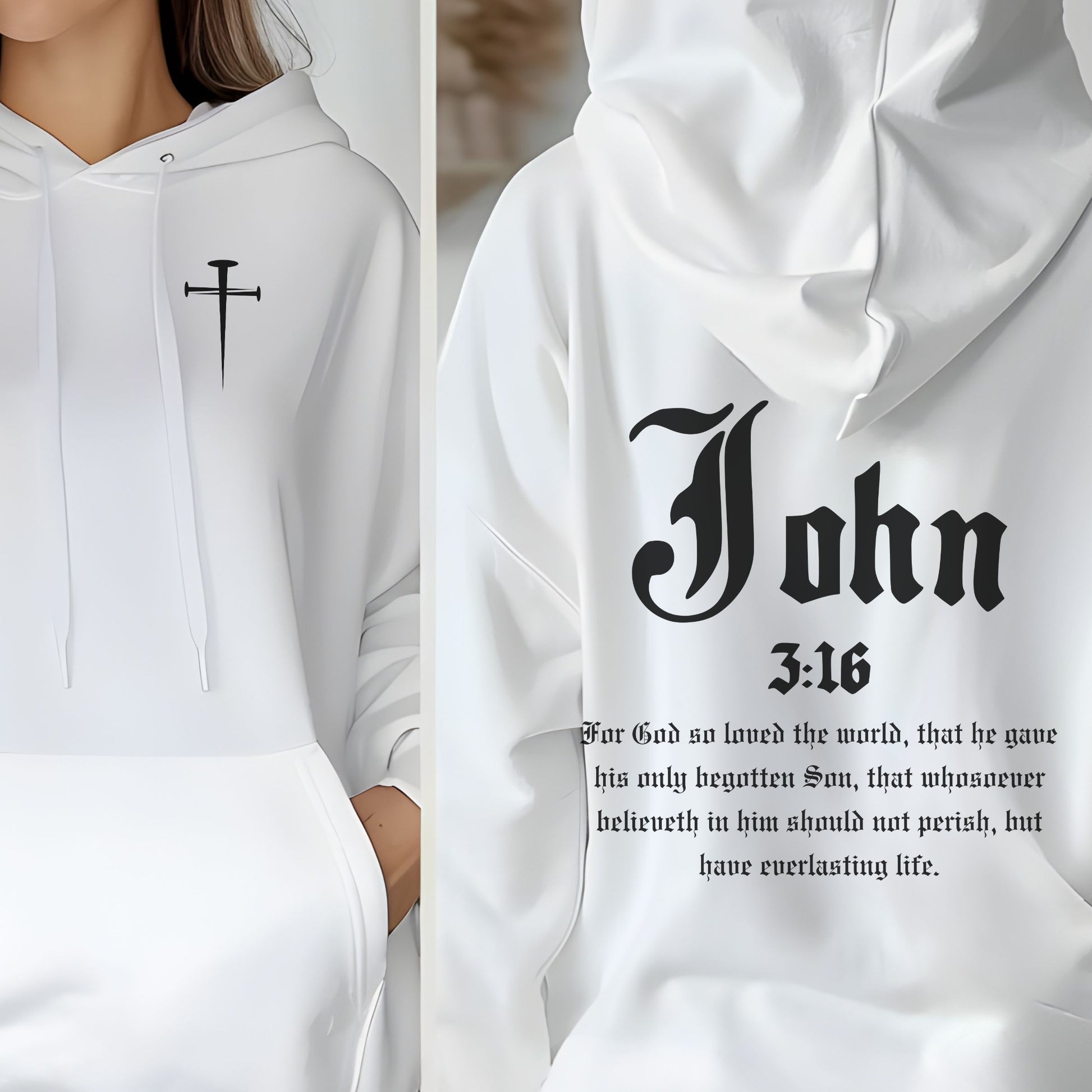 Jesus hoodie that references John 3:16 on the back and a cross made of spikes on the front. What a great gift for a Christian who loves God. 