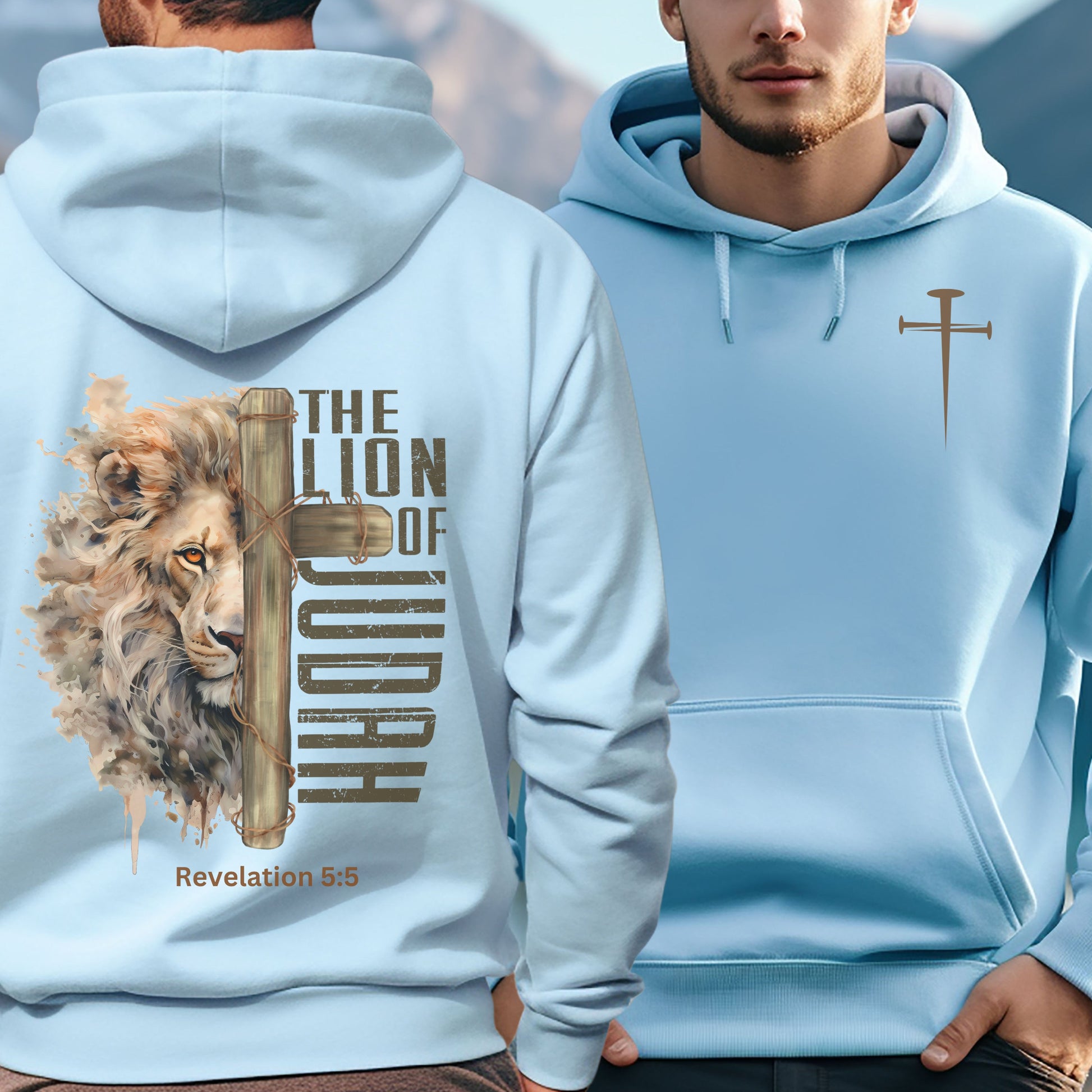 The Lion of Judah with a large cross on back with Revelation 5:5 under. A Cross of spike on the front left breast makes hoodie a must have.